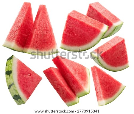 Set of watermelon triangle slices without seeds isolated on white background. Clipping path.