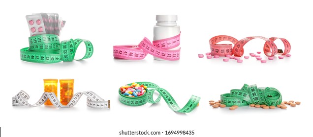 Set Of Weight Loss Pills On White Background