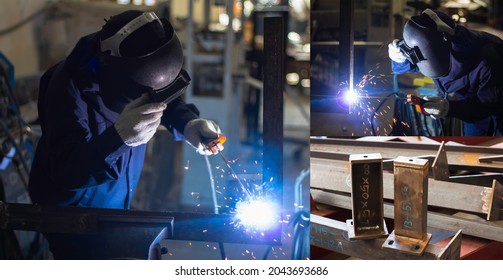 Set welder in factory. Construction site metal welder. builder wear fireproof gloves for safety at work. - Shutterstock ID 2043693686