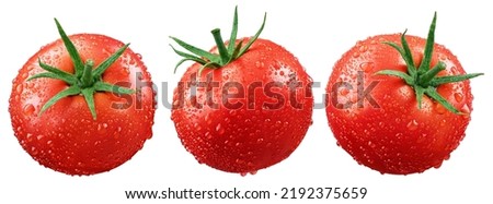 Set of wet red tomatoes isolated on white background with clipping path. Fresh tomato with drops. Full Depth of Field