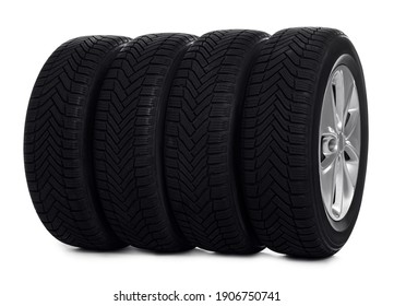 Set Of Wheels With Winter Tires On White Background