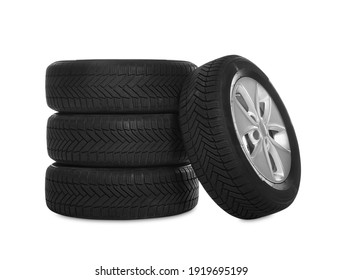 Set Of Wheels With Winter Tires On White Background