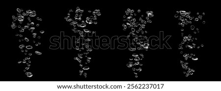 Set of white air bubbles, liquid, black background, isolated abstract, oxygen design concept, underwater, water drop, small under the sea, soda effect, transparent