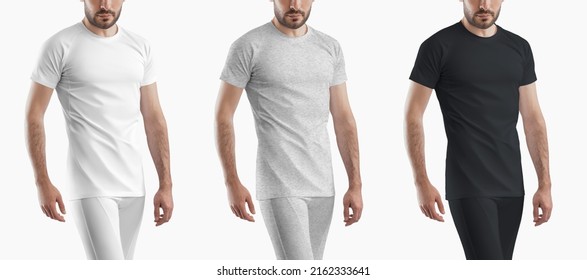 Set Of White, Black And Grey Heather Mockup Pants And T-shirt On A Man. Template Of Sportswear Isolated On Background For Design Presentation.