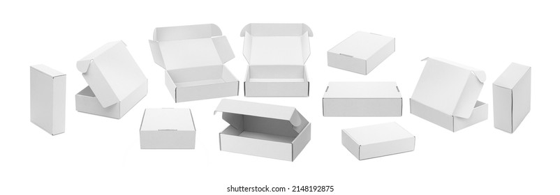 Set White carton boxes opened and closed isolated on white background
