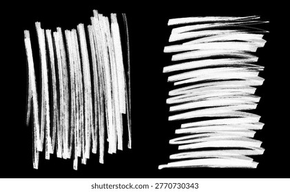 Set of white chalk scribble textures with crosshatch shading and rough strokes, isolated on black background