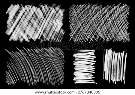Set of white chalk scribble textures with crosshatch shading and rough strokes, isolated on black background