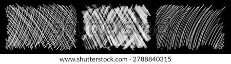 Set of white chalk scribble textures with crosshatch shading and rough strokes, isolated on black background