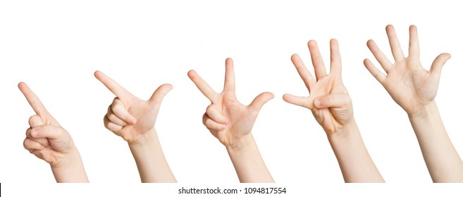 Set of white child hands showing figures, count one, two, three, four, five. Isolated at white background - Shutterstock ID 1094817554