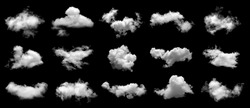 Set Of White Clouds Or Fog For Design Isolated On Black Background.