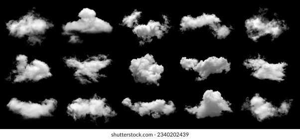 Conjunto de nubes blancas o niebla para el diseño aislado sobre fondo negro.