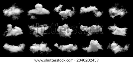 Set of white clouds or fog for design isolated on black background.