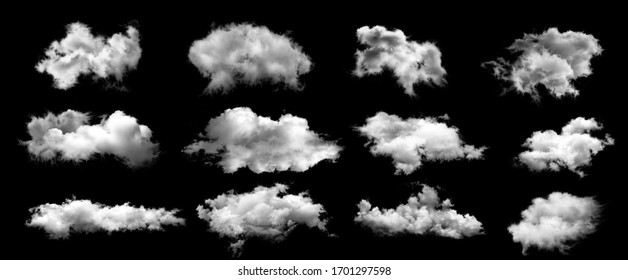 Set Of White Clouds Isolated On Black Background.