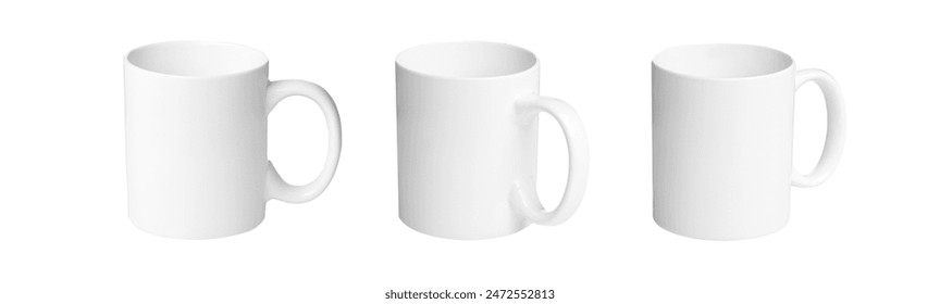 set of white cups for tea or coffee on isolated white background close up