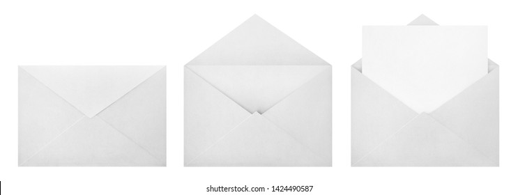 Set of white envelopes (sealed, empty and with a blank paper inside), isolated on white background
