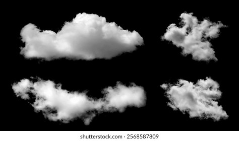 set white fluffy cloud isolated black background. concept effect design smoke fog, smog cloudy cutout. abstract cloud, mist overlay on Sky Summer. grey dark storm condensation
