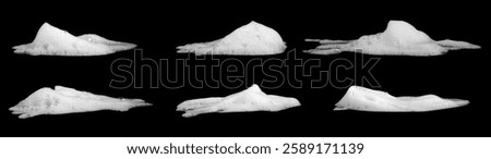 Set white foam side view white foam soap or shower gel isolated on a black background. White facial foam creamy bubble soap sponge has a unique characteristic isolated on black background.
