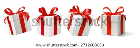 Set of White Gift boxes with red ribbon bow isolated on white background.