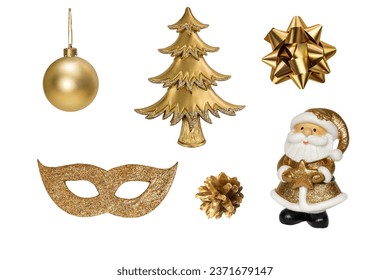 Set of white and gold Christmas decorations. Santa Claus, Christmas tree, carnival mask, Christmas ball, bauble, star and cone Isolated on white background, design elements for greeting card 