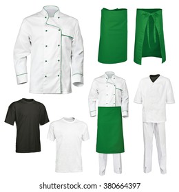 The Set Of White And Green Chef Cook's Clothes With Gray And Black T-shirt, Isolated Over White Background