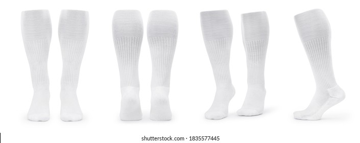 Set Of White Long Socks Mockup Isolated On White Background With Clipping Path.