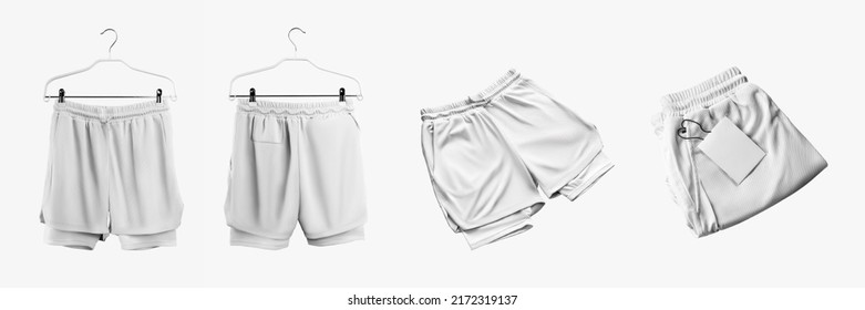 Set White Loose Shorts Mockup With Compression Line, Drawstring Waist, Men's Sportswear On A Hanger, Isolated On Background. Clothing Template With Underpants, For Design