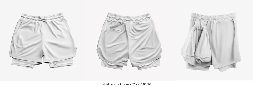 Set White Loose Shorts Mockup With Compression Line, Isolated On Background. Men's Sportswear Template With Underpants For Design.