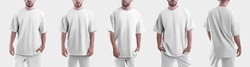 Set Of White  Mockup Oversize T-shirt On A Man. Template Isolated On White Background.