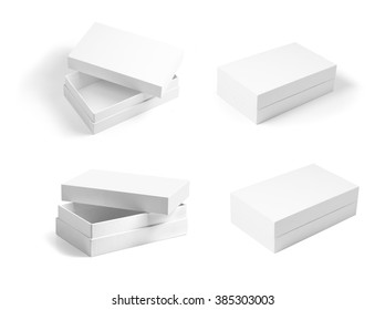 Set Of White Opened And Closed Paperboard Boxes. Template For Designers. Mockup Ready For Your Design.