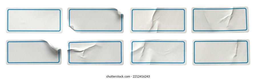 A set of white rectangular paper sticker label isolated on white background.