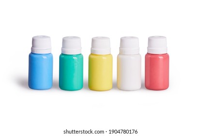 A set of white, red, yellow, green, blue acrylic paints in plastic bottles. Items isolated on a white background with clipping path which does not include shadows  - Shutterstock ID 1904780176