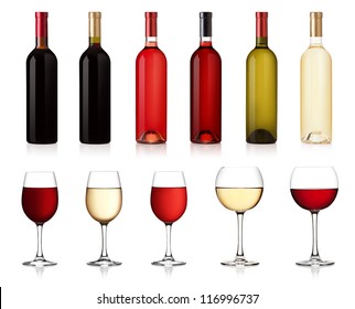 Set of white, rose, and red wine bottles and glas. isolated on white background