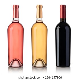 Set Of White, Rose, And Red Wine Bottles. Isolated On White Background