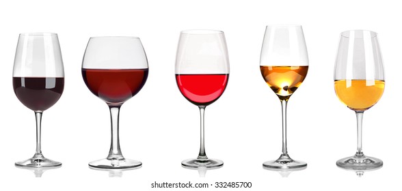 Set Of White, Rose, And Red Wine Glasses, Isolated On White