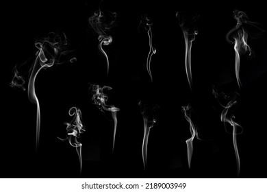 Set Of White Smoke Or Cloud Shot In Studio, White Smoke From Incense And Black Background, Wave And Splash Shape For Design, Object And Background Concept