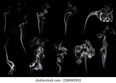 Set Of White Smoke Or Cloud Shot In Studio, White Smoke From Incense And Black Background, Wave And Splash Shape For Design, Object And Background Concept