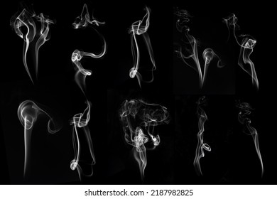 Set Of White Smoke Pack Shot In Studio, White Smoke From Incense And Black Background, Wave And Splash Shape For Design, Object And Background Concept 