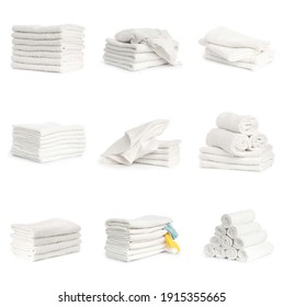 Set Of White Spa Towels Stacked And In Basket Isolated On White Background