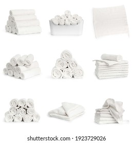 Set Of White Spa Towels Stacked And In Basket Isolated On White Background