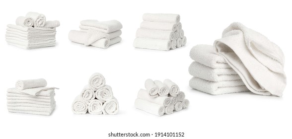 Set Of White Terry Towels Isolated On White Background