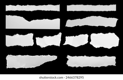 Set of white torn or ripped paper sheet on Black background with texture edges