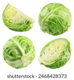 Set of whole cabbage and halves isolated on a white background.