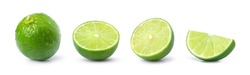 Set Of Whole And Half Slice Of Green Lime Fruit Isolated On White Background.