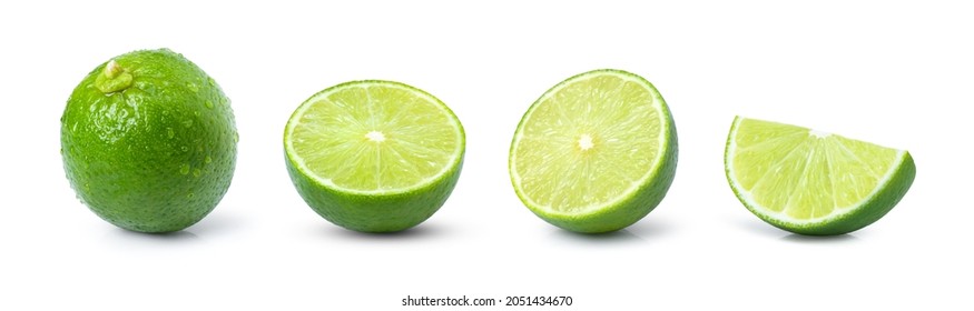 Set of whole and half slice of green lime fruit isolated on white background. - Shutterstock ID 2051434670