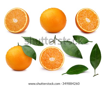 Set of whole and halved oranges with leaves. Clipping paths for both objects and shadows. Infinite depth of field. See ID 400659049 for better release