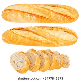 Set of whole and sliced ​​baguette bread on empty blank background.