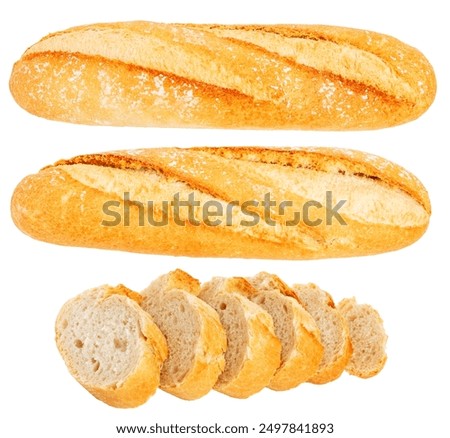 Set of whole and sliced ​​baguette bread on empty blank background.