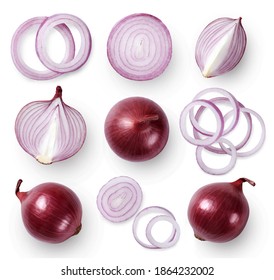 A Set Of Whole And Sliced Red Onion. Top View.