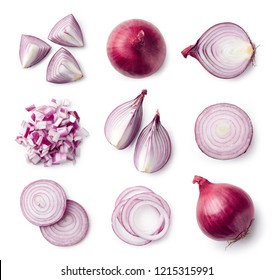 Set Of Whole And Sliced Red Onions Isolated On White Background. Top View