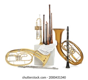 Set Of Wind Musical Instruments On White Background